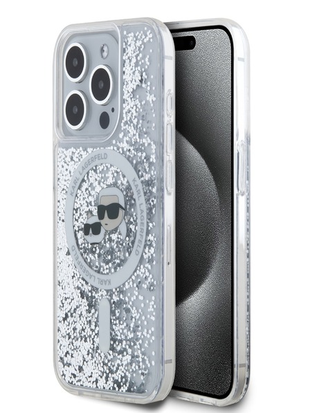 Karl Lagerfeld Karl Lagerfeld Liquid Glitter Karl and Choupette Heads MagSafe Back Cover за iPhone 15 Pro Transparent