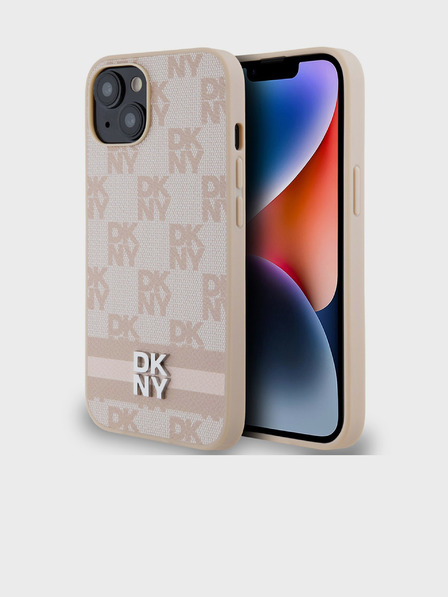 DKNY Заден капак от карирана кожа с шарка и райе за iPhone 14 Pink DKNY