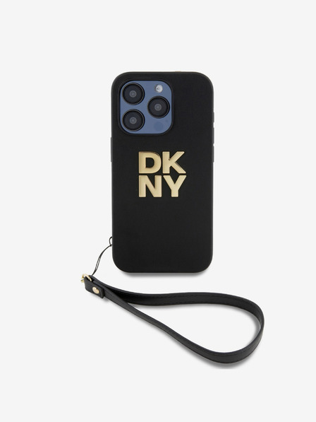 DKNY PU Leather Stack Logo Wrist Strap Back Cover за iPhone 14 Pro Max Black DKNY