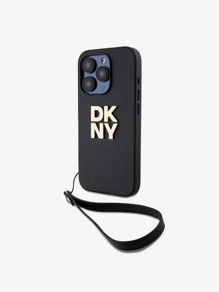 DKNY PU Leather Stack Logo Wrist Strap Back Cover за iPhone 14 Pro Max Black DKNY