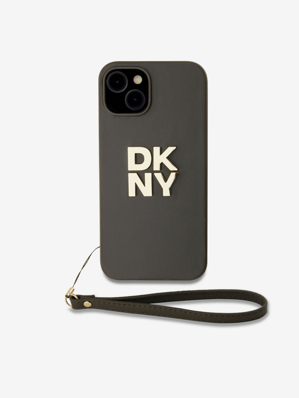 DKNY PU Leather Stack Logo Wrist Strap Back Cover за iPhone 14 Brown DKNY