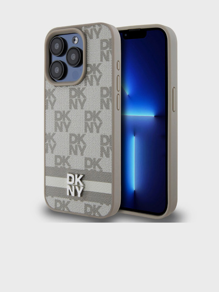 DKNY Заден капак от карирана кожа с шарка и райе за iPhone 14 Pro Max Beige DKNY