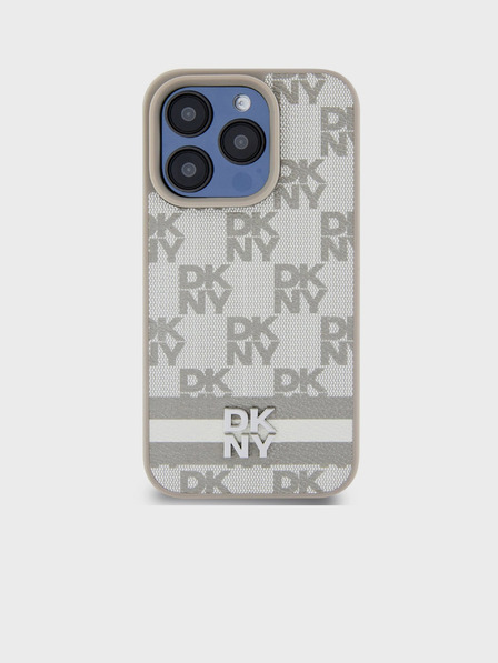 DKNY Заден капак от карирана кожа с шарка и райе за iPhone 14 Pro Max Beige DKNY