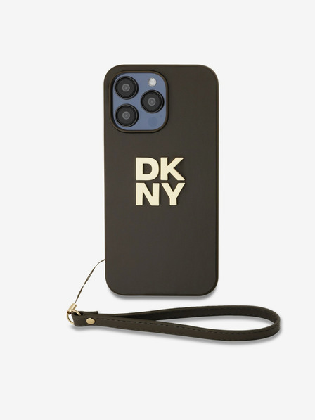 DKNY PU Leather Stack Logo Wrist Strap Back Cover за iPhone 15 Pro Brown DKNY