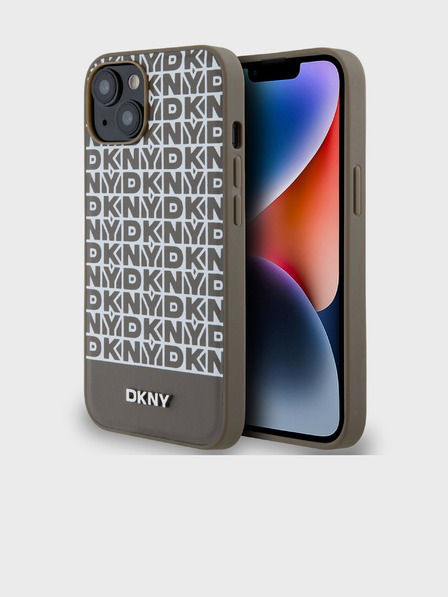 DKNY PU кожа Повтаряща се шарка на долната част на лентата MagSafe заден капак за iPhone 15 кафяв DKNY