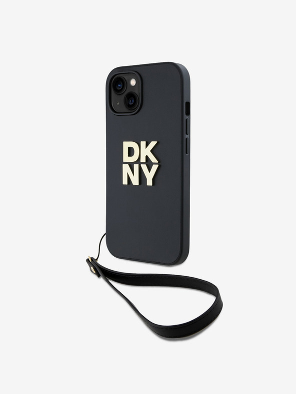 DKNY PU Leather Stack Logo Wrist Strap Back Cover за iPhone 13 Black DKNY