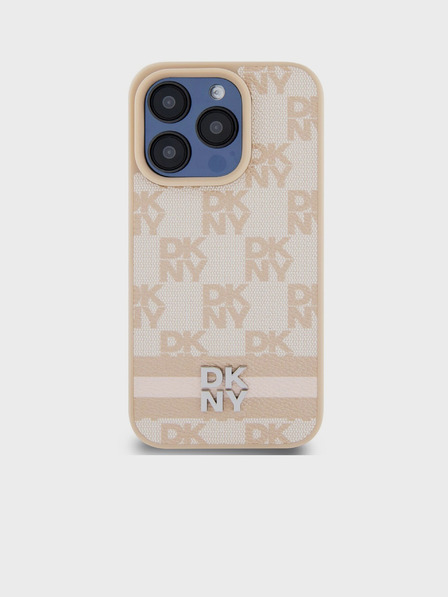 DKNY Заден капак от PU кожа с кариран десен и райе за iPhone 14 Pro Pink DKNY