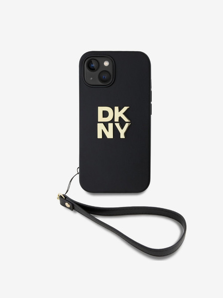 DKNY PU Leather Stack Logo Wrist Strap Back Cover за iPhone 14 Black DKNY