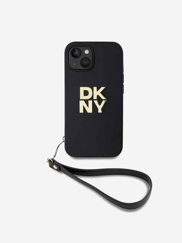 DKNY PU Leather Stack Logo Wrist Strap Back Cover за iPhone 14 Black DKNY