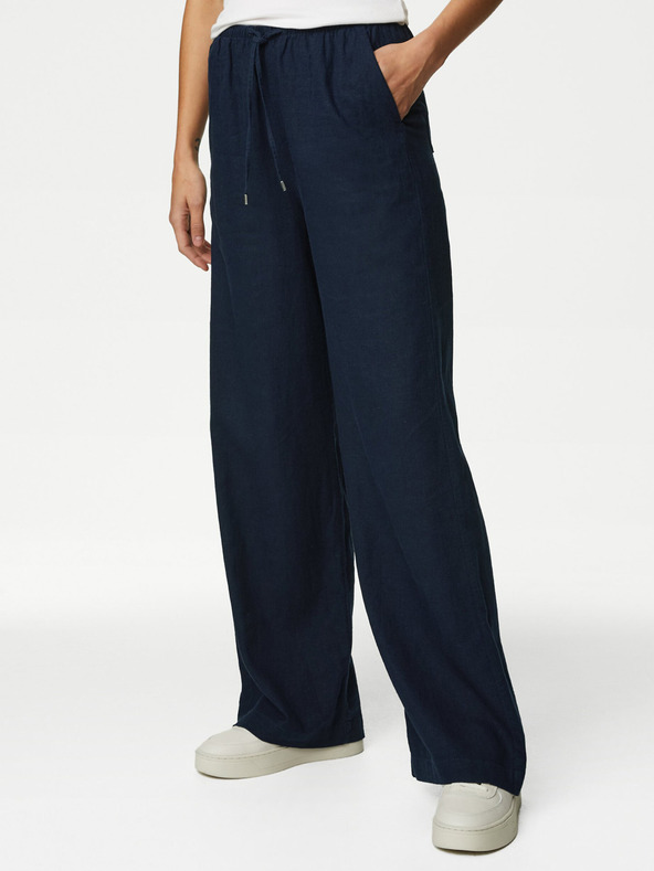 Marks & Spencer Тъмносин дамски панталон с широки крачоли от ленена смес Marks & Spencer