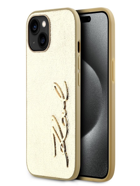 Karl Lagerfeld Набръчкан PU заден капак с подпис и лого за iPhone 15 Gold Karl Lagerfeld