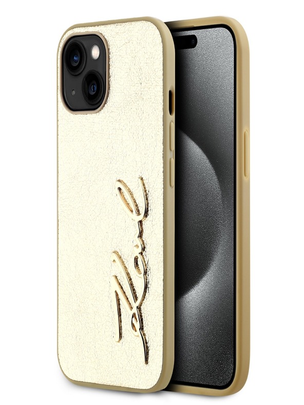 Karl Lagerfeld Набръчкан PU заден капак с подпис и лого за iPhone 15 Gold Karl Lagerfeld