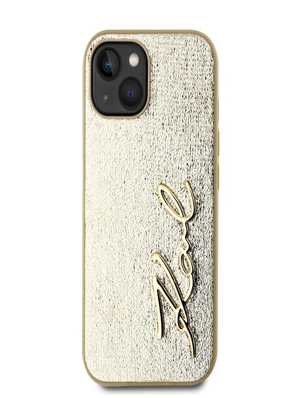 Karl Lagerfeld Набръчкан PU заден капак с подпис и лого за iPhone 15 Gold Karl Lagerfeld