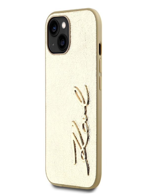 Karl Lagerfeld Набръчкан PU заден капак с подпис и лого за iPhone 15 Gold Karl Lagerfeld