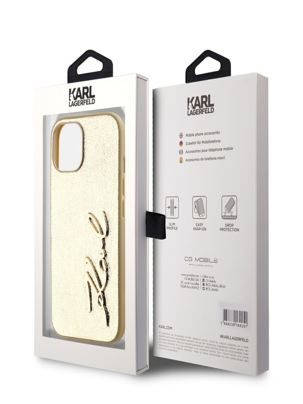 Karl Lagerfeld Набръчкан PU заден капак с подпис и лого за iPhone 15 Gold Karl Lagerfeld