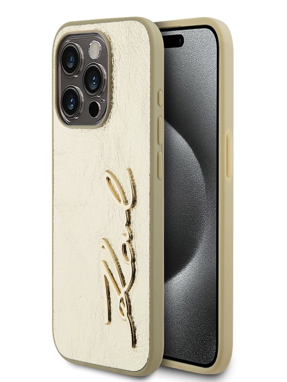 Karl Lagerfeld Набръчкан PU заден капак с лого на подпис за iPhone 15 Pro Gold Karl Lagerfeld