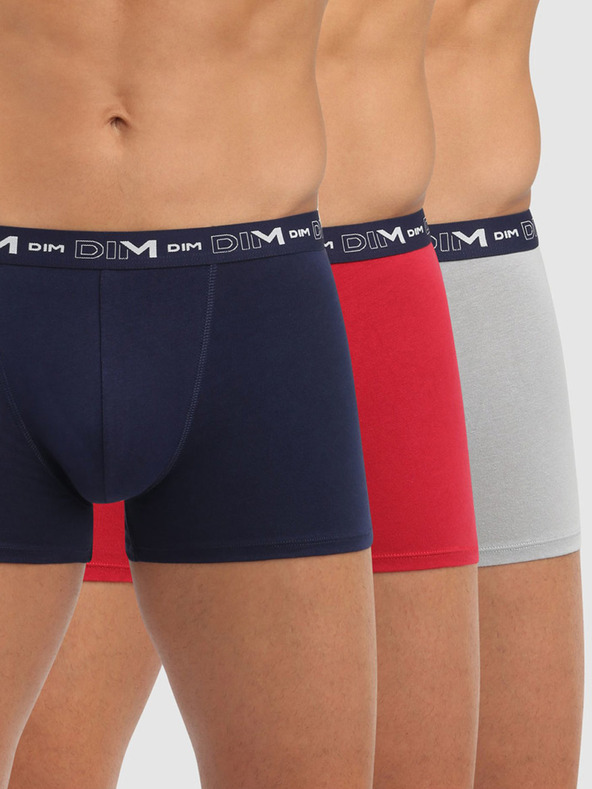DIM Комплект от три мъжки боксерки в тъмно синьо, червено и светло сиво Dim COTTON STRETCH BOXER