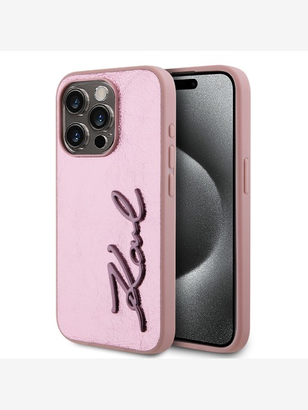 Karl Lagerfeld Набръчкан заден капак с логото на PU Signature за iPhone 15 Pro Max Pink Karl Lagerfeld