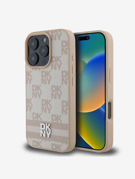 DKNY DKNY PU кожа Кариран модел и райе заден капак за iPhone 16 Pro Pink