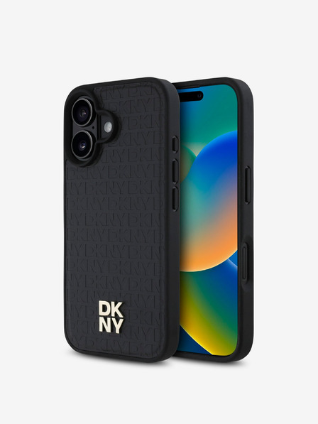 DKNY DKNY PU кожа с повтарящ се десен Stack Logo MagSafe заден капак за iPhone 16 черен