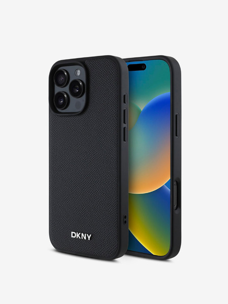 DKNY DKNY PU кожа сребристо метално лого Magsafe заден капак за iPhone 16 Pro черен