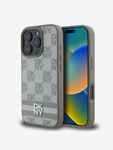 DKNY DKNY PU Leather Checkered Pattern and Stripe Back Cover за iPhone 16 Pro Max Beige