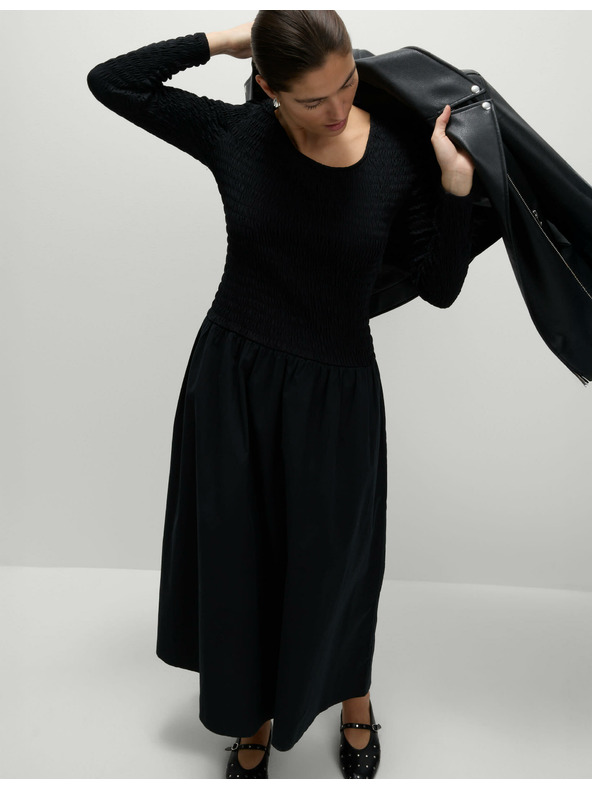 Marks & Spencer Миди рокля от чист памук с паднала талия Marks & Spencer черно