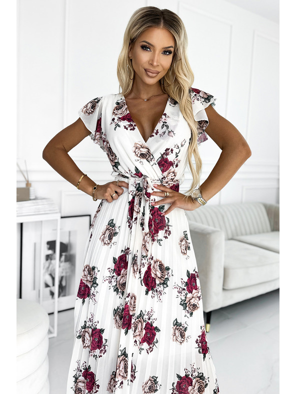 numoco Плисирана миди рокля с деколте и волани - тъмночервени рози