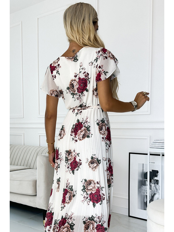 numoco Плисирана миди рокля с деколте и волани - тъмночервени рози