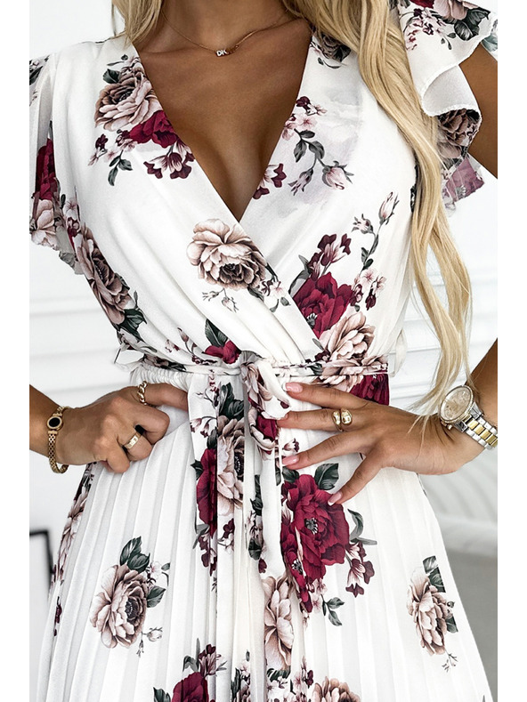 numoco Плисирана миди рокля с деколте и волани - тъмночервени рози