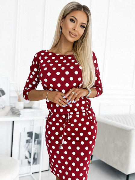 numoco Спортна рокля с вратовръзка и джобове - бордо + точки Numoco