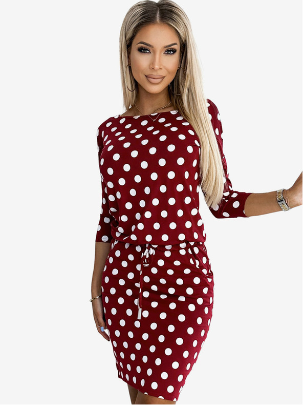 numoco Спортна рокля с вратовръзка и джобове - бордо + точки Numoco