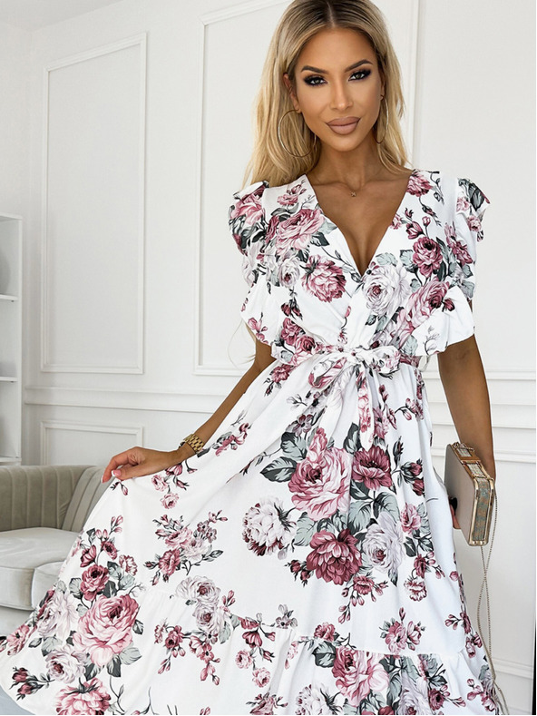 numoco Рокля с волан, деколте и връзки - бяла с бордо рози Numoco GABRIELLA