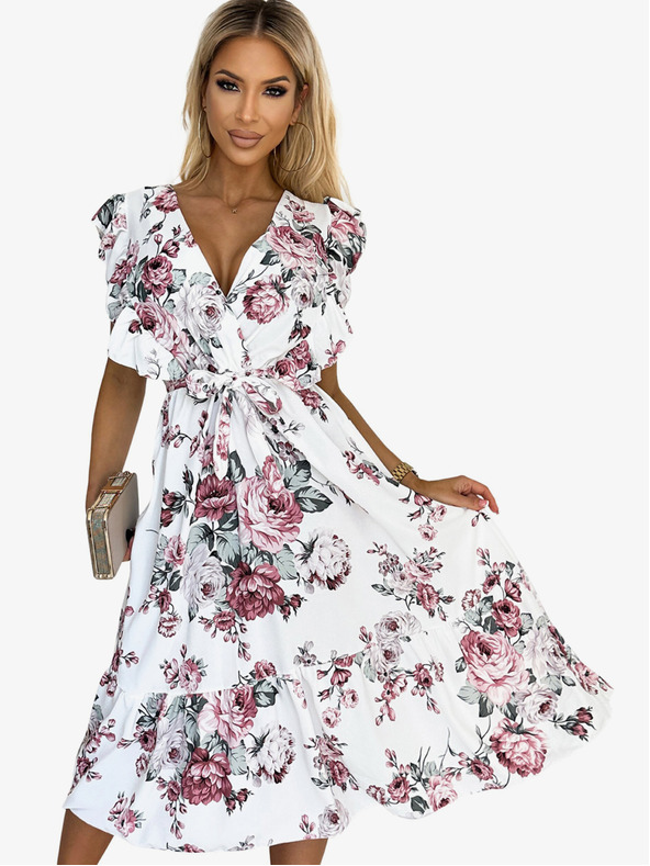 numoco Рокля с волан, деколте и връзки - бяла с бордо рози Numoco GABRIELLA