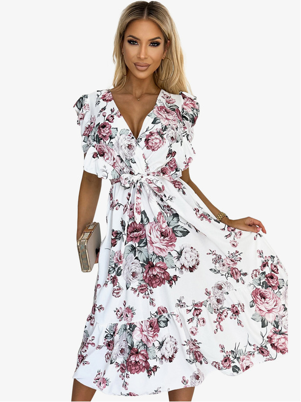 numoco Рокля с волан, деколте и връзки - бяла с бордо рози Numoco GABRIELLA