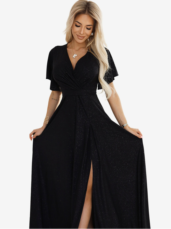 numoco Черна дамска блестяща дълга рокля с ръкави и деколте Numoco