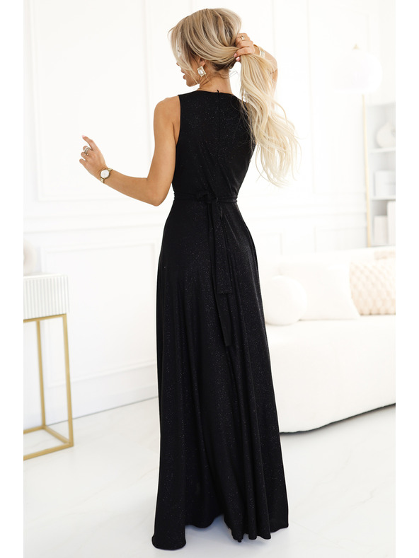 numoco Черна дамска дълга сатенена рокля с деколте и разрез Numoco