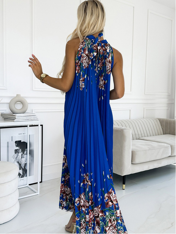 numoco Плисирана макси рокля от сатен - синя с цветя Numoco ESTER