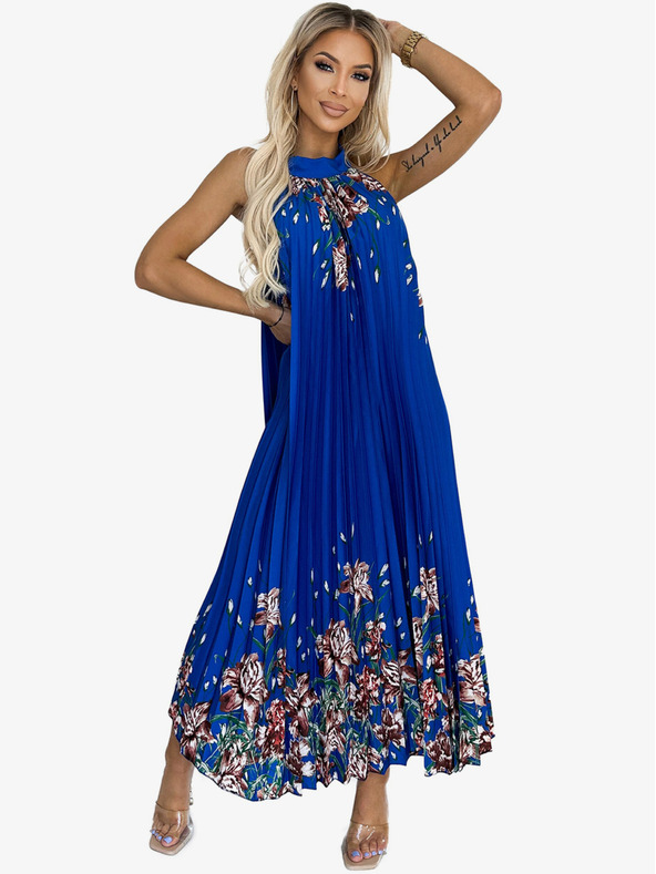 numoco Плисирана макси рокля от сатен - синя с цветя Numoco ESTER