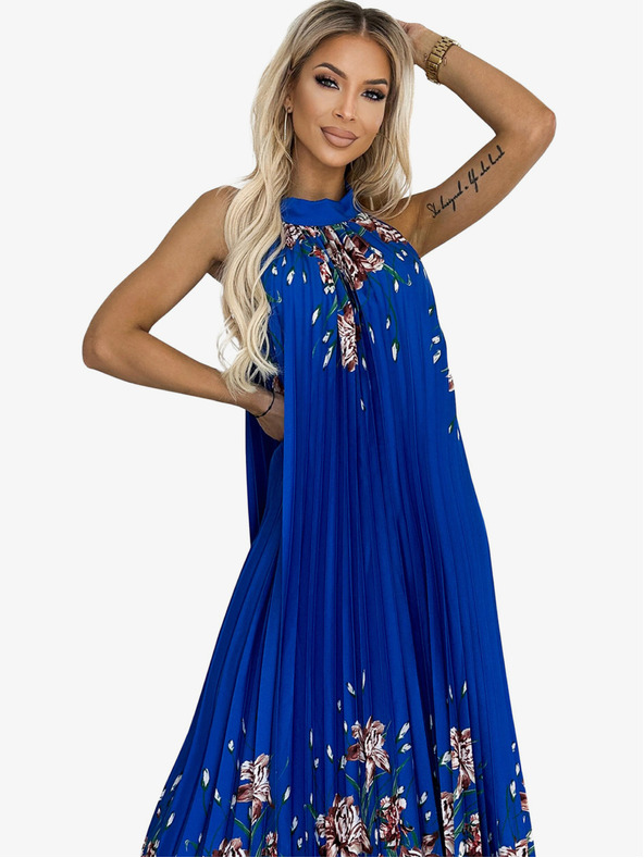 numoco Плисирана макси рокля от сатен - синя с цветя Numoco ESTER