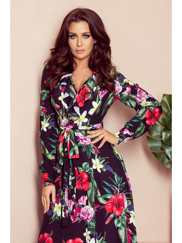 numoco Черна дамска дълга флорална рокля с деколте с къдрици Numoco