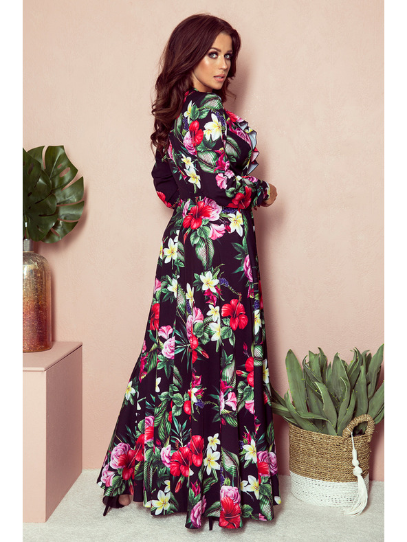 numoco Черна дамска дълга флорална рокля с деколте с къдрици Numoco