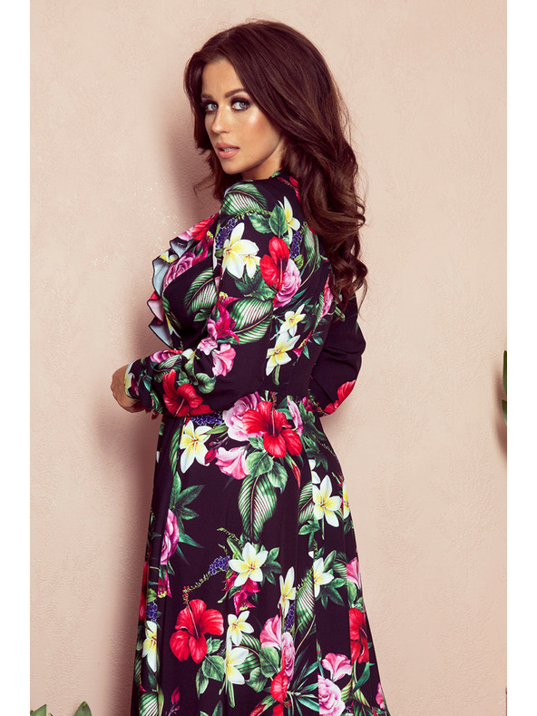numoco Черна дамска дълга флорална рокля с деколте с къдрици Numoco