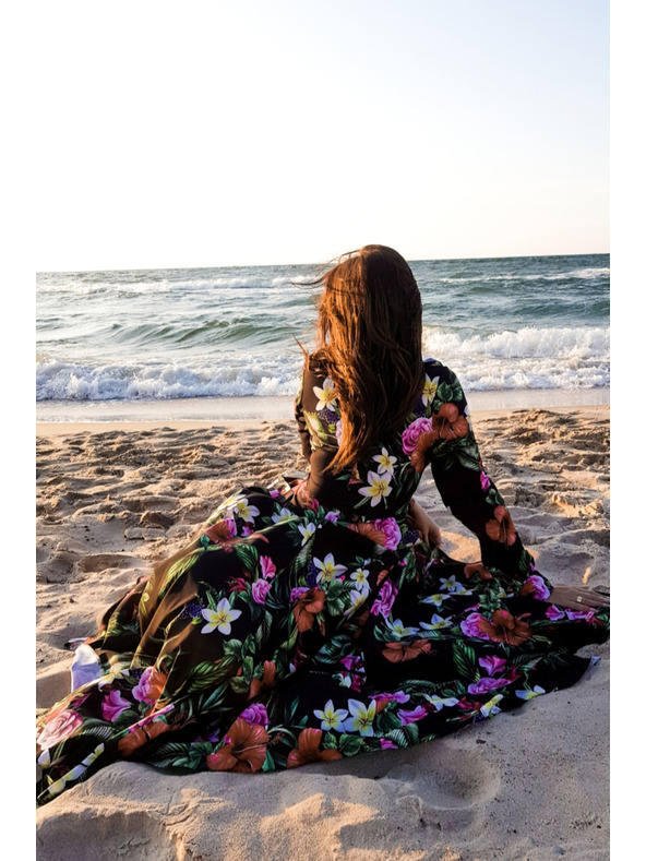 numoco Черна дамска дълга флорална рокля с деколте с къдрици Numoco