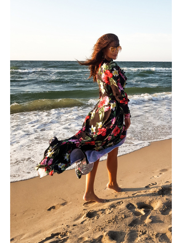 numoco Черна дамска дълга флорална рокля с деколте с къдрици Numoco