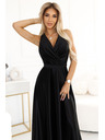 numoco Черна дамска дълга сатенена рокля с деколте и разрез Numoco