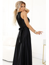 numoco Черна дамска дълга сатенена рокля с деколте и разрез Numoco