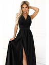 numoco Черна дамска дълга сатенена рокля с деколте и разрез Numoco