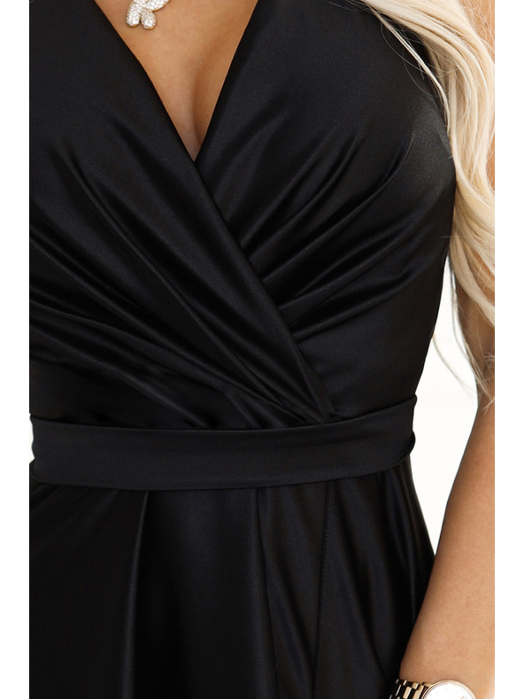 numoco Черна дамска дълга сатенена рокля с деколте и разрез Numoco
