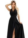 numoco Черна дамска дълга сатенена рокля с деколте и разрез Numoco